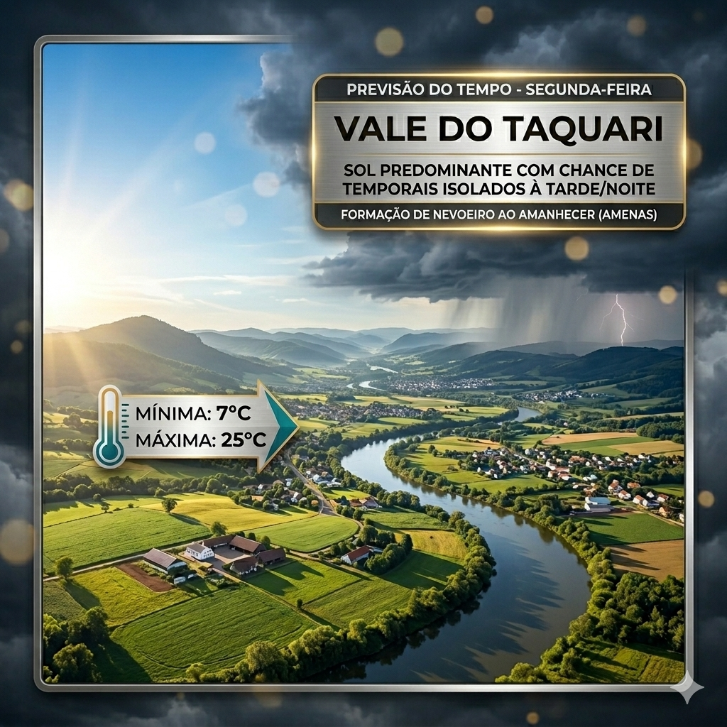 Segunda-feira inicia com sol no Vale do Taquari, mas instabilidades podem trazer temporais isolados.
